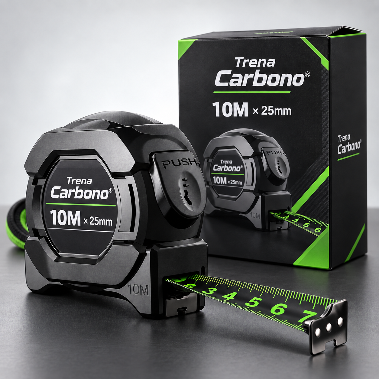 Trena Carbono 10m x 25mm ao lado da embalagem